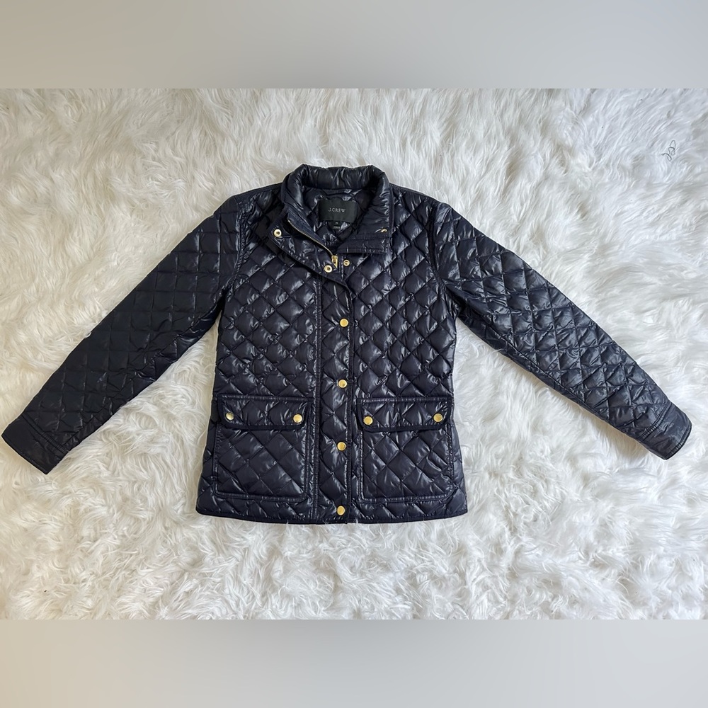 J. Crew Diamond Quilted Puffer Jacket Navy Blue Women's Size Petite Small
